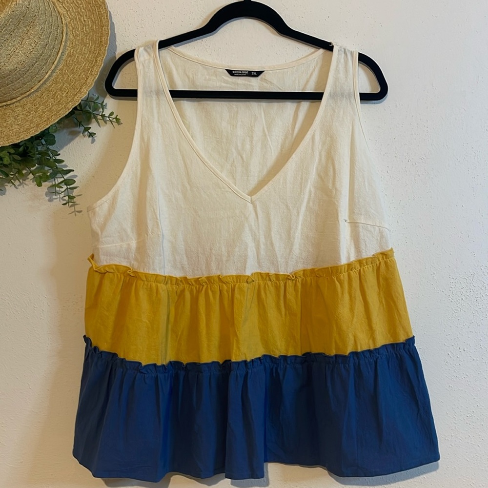 SHEIN Curve 2XL tiered Ruffled Multicolored V-Neck Flowy Tank Top
